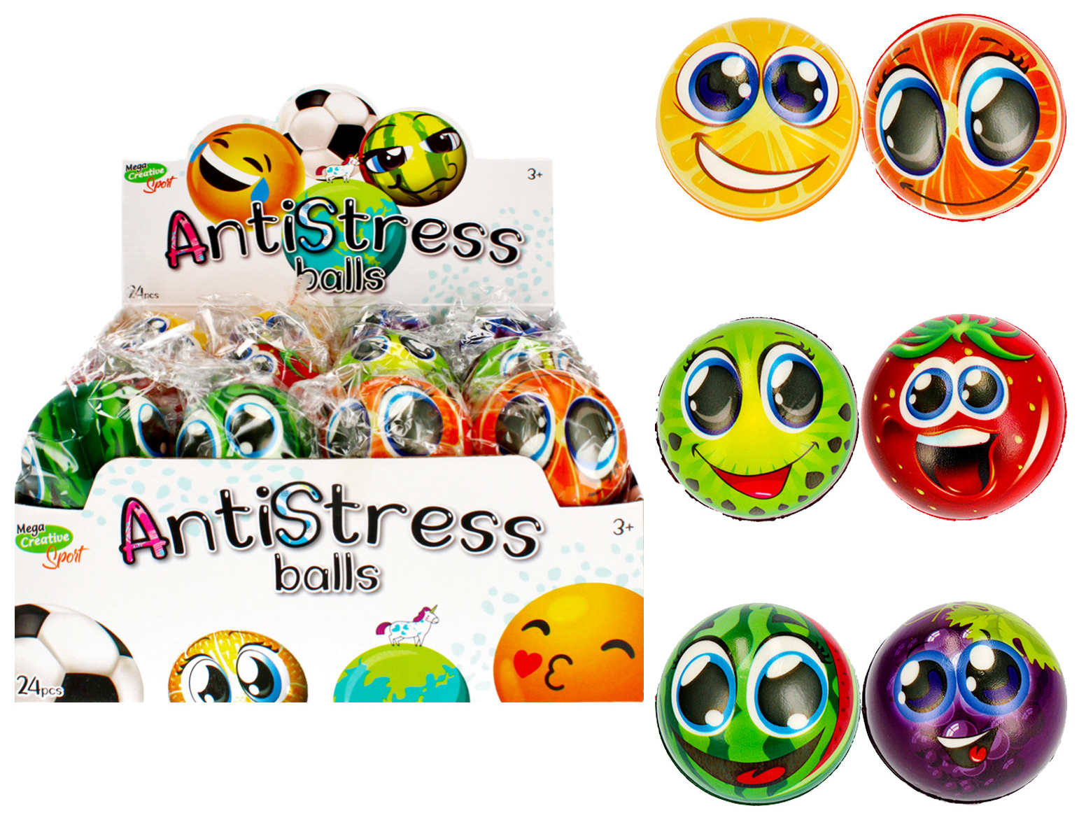 MC SPORT ANTI-STRESS BALL 7CM FRUITS DISP 7CM