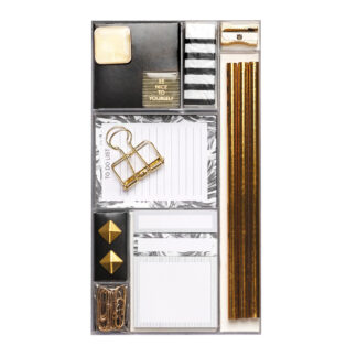 OFFICE SET: CLASSIC PENCILS 3 PCS, PAPER CLIPS 10 PCS 28MM , THUMB TACKS 2 PCS, ERASERS, SHARPENERS, GLASS MAGNETS 4 PCS, BINDER CLIPS 2 PCS 32MM, STICKY NOTES 3 PCS 40 SHEETS, NOTEPAD 40SHEETS