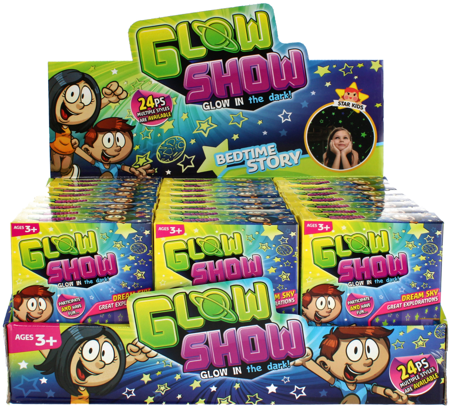 DECORATION FLUORESCENT STARS 24PCS DISP 9X12X2