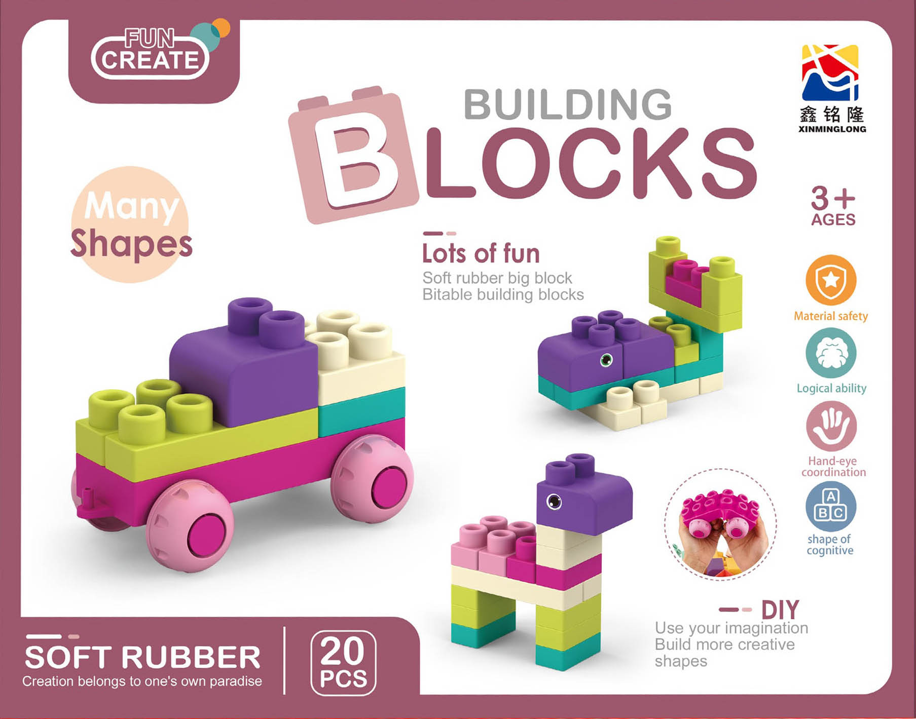 BLOCKS - CONSTRUCTION BLOCKS 20PCS SOFT COLOUR BOX 28X21X6
