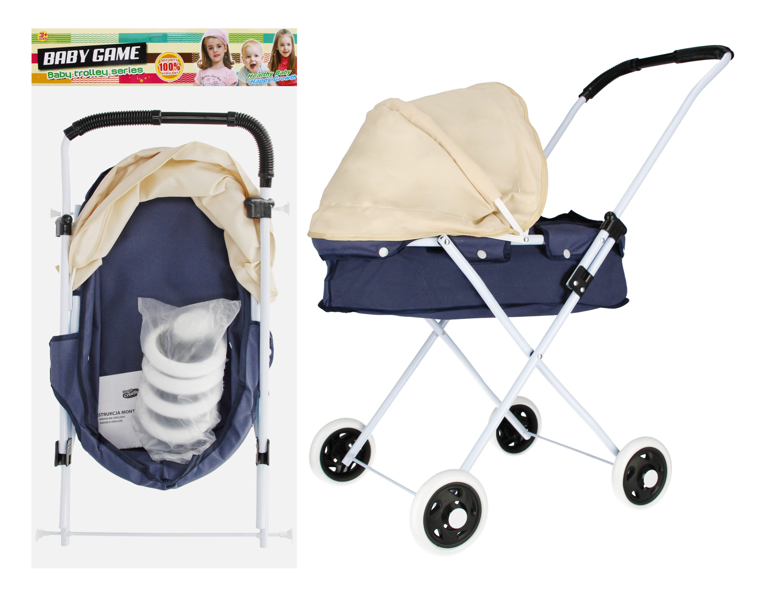 DOLL STROLLER MET GONDOLA NAVY PBH 35X69X10